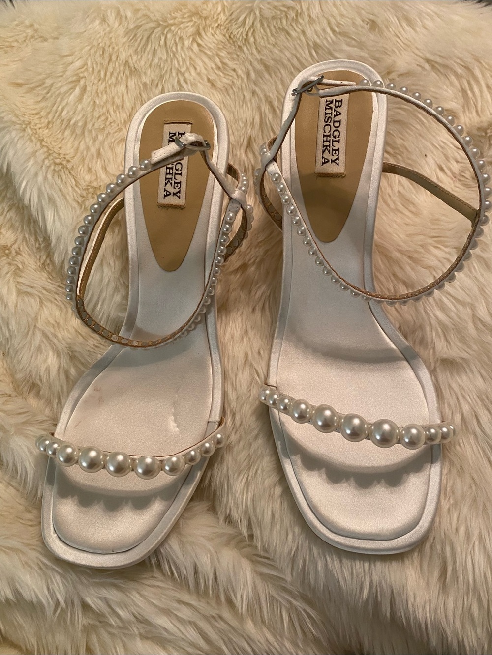 Badgley Mischka Pearl-Trim White Strappy Heels
